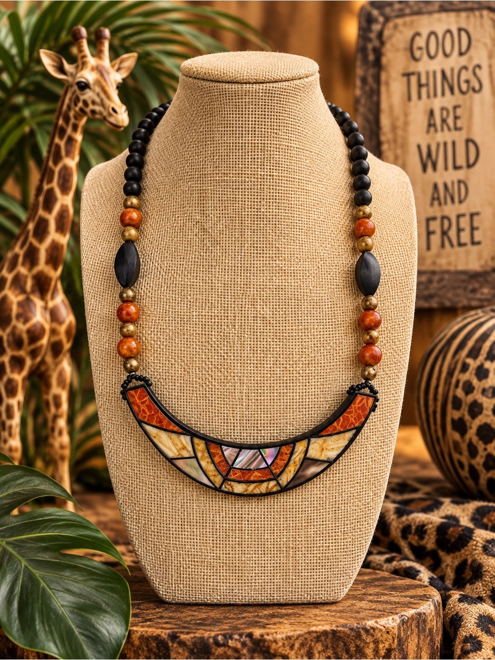 Boho Safari Statement Necklace Earth Tone Beaded Mosaic Crescent Pendant